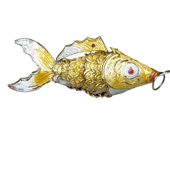 Vintage Jewelry - Vintage Gold & Silver Fish Keychain Pendant Large Cloisonne Articulated Ornament